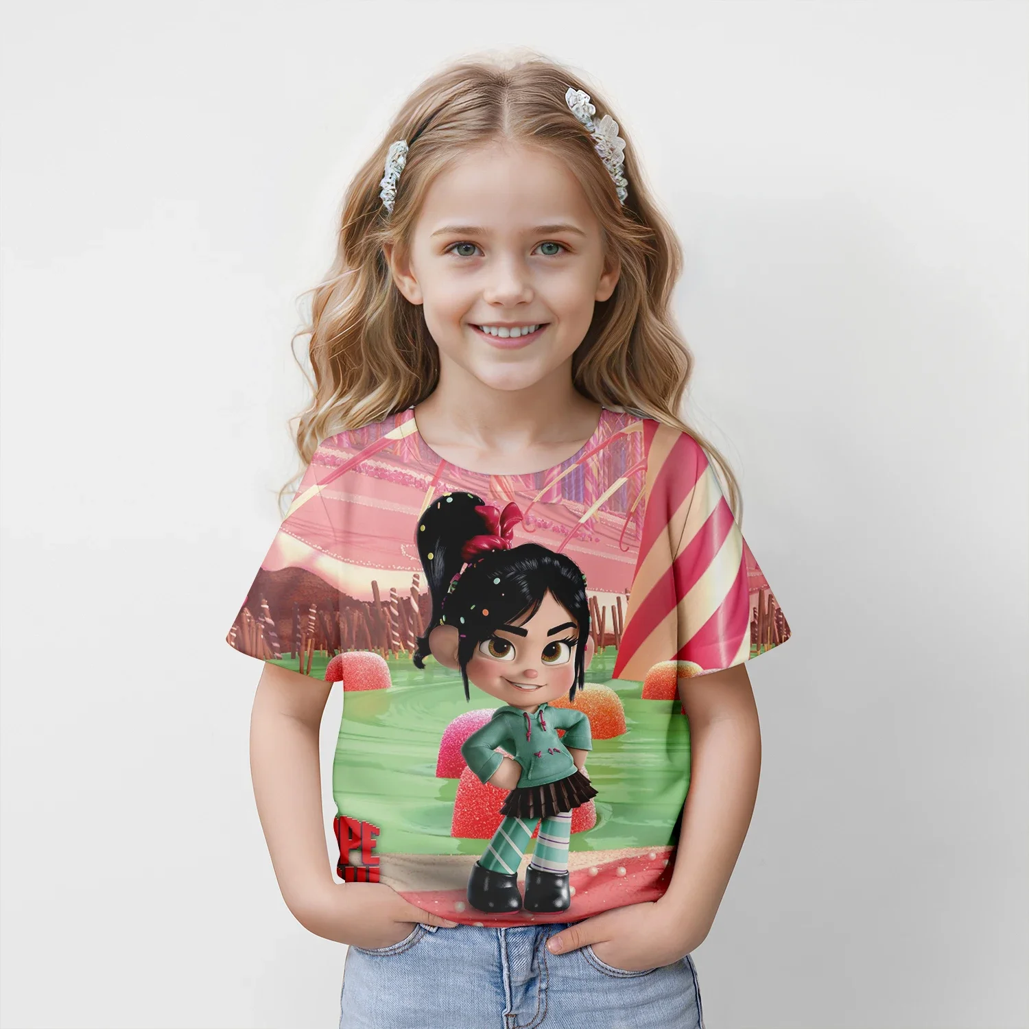 MINISO Disney Vanellope Von Schweetz 2024 Summer 4-14 Years Children Kids Cool Boy Cute Girls Lightweight 3D Print T-Shirt Tops