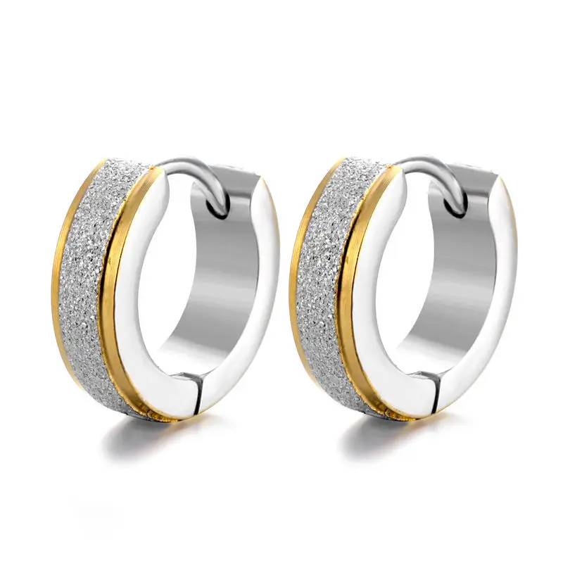 1 Pair 4*9 Mm Gold+Steel color Plated Round Trendy Brief Stainless Steel Men Earring Hoop Earrings For Women Classic Jewelry