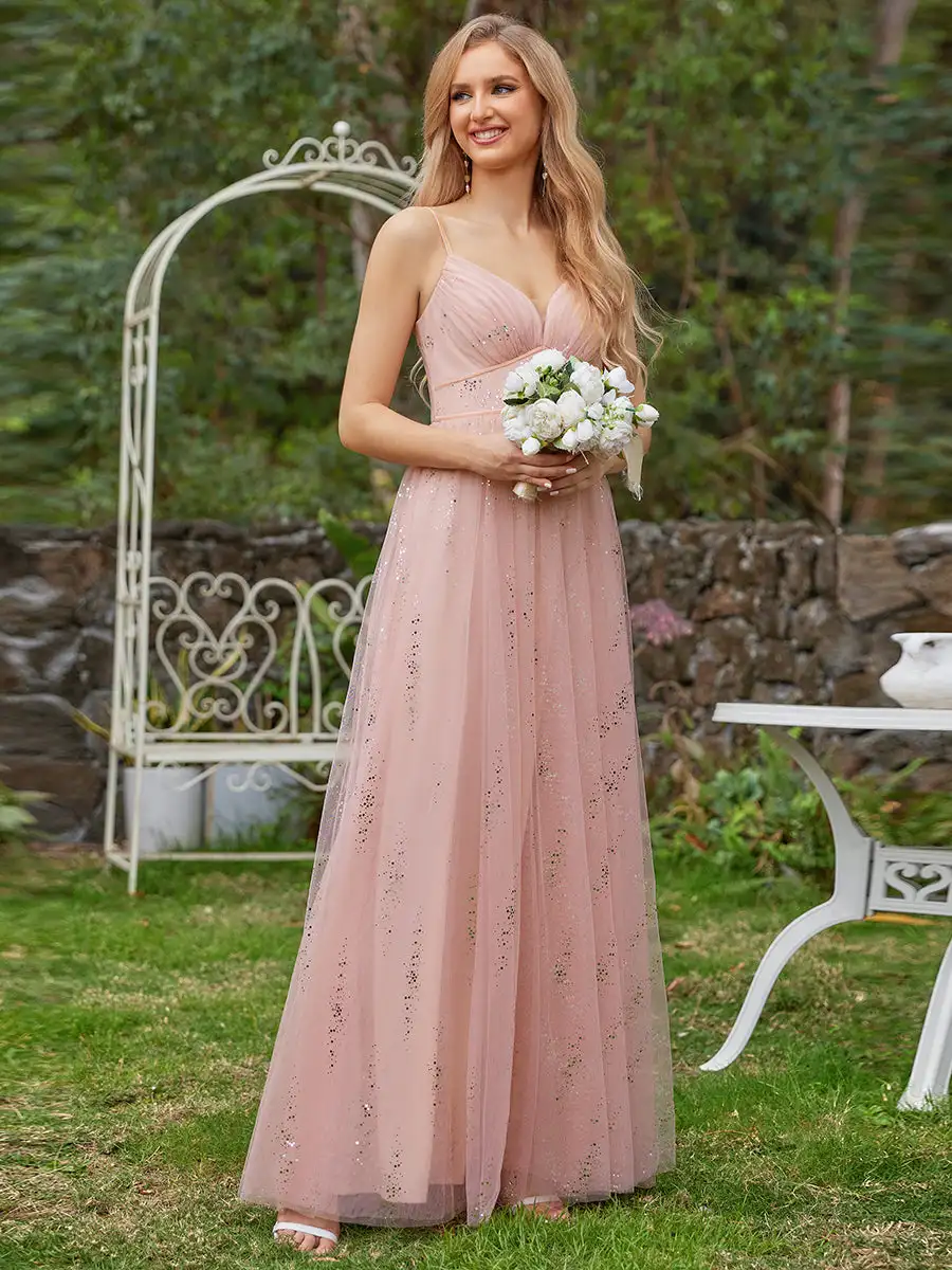 Elegant Evening DressesTulle V Neck Spaghetti Strap Bodice Sequin Small size 2024 Ever Pretty of Pink Gauze Bridesmaid Dress