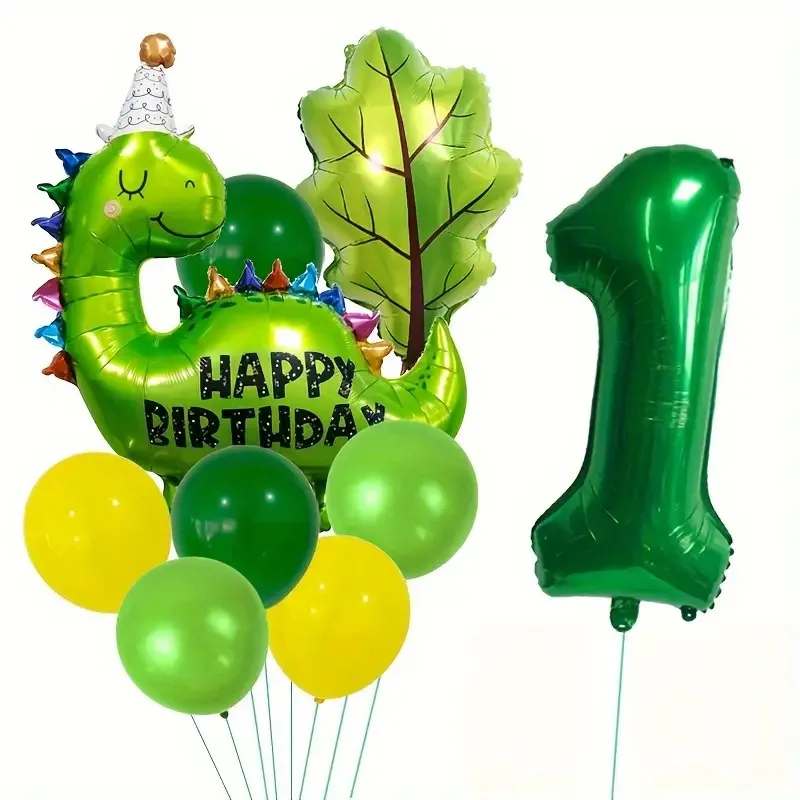 9 Uds. Globo de aluminio con números temáticos de dinosaurio verde de dibujos animados bonitos para Baby Shower, globo decorativo para fiesta de cumpleaños