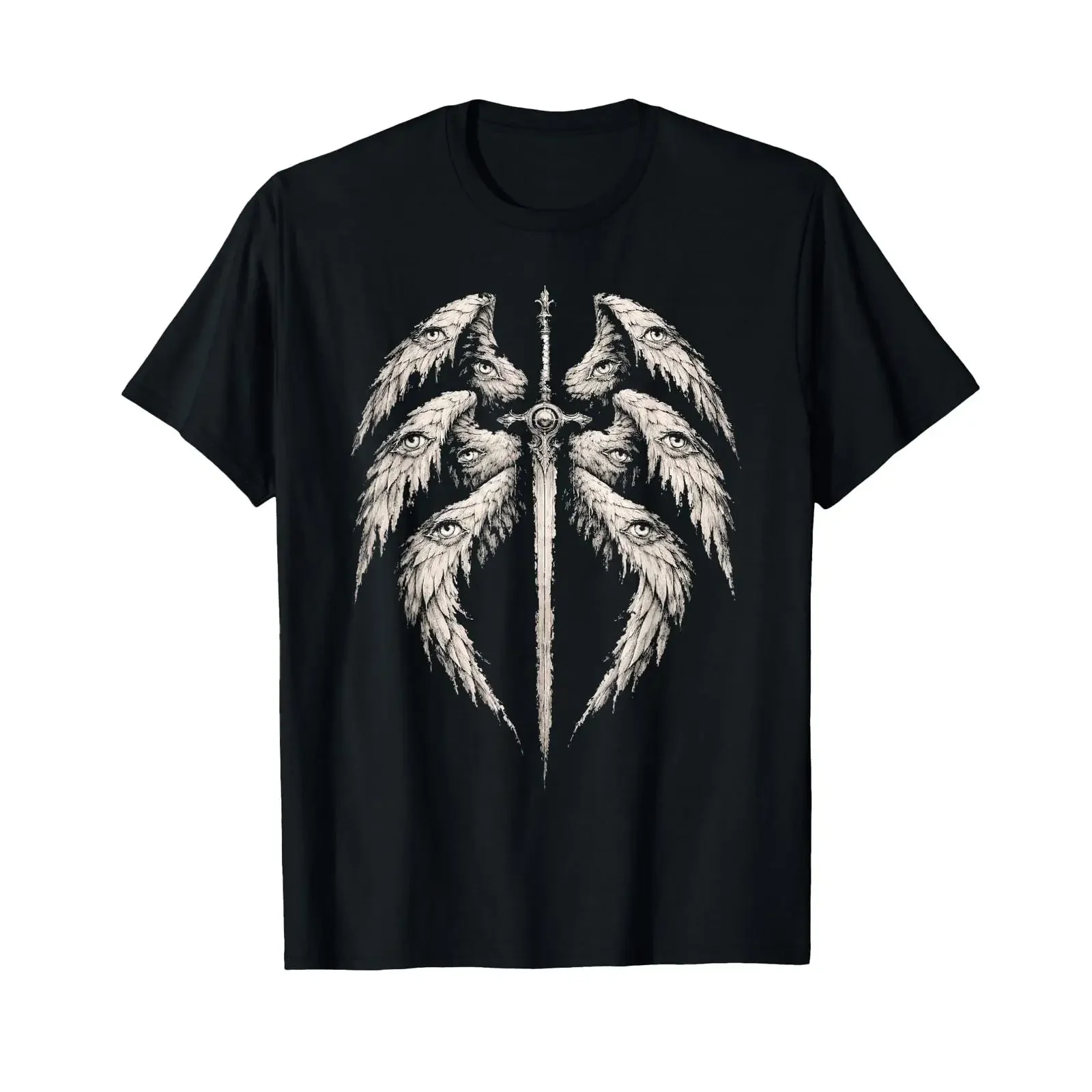 Sword Seraphim Wings Angel Enoch Seeing Eye Esoteric Goth T Shirt vintage Washed Top For Everyday Wear Stretched Unisex