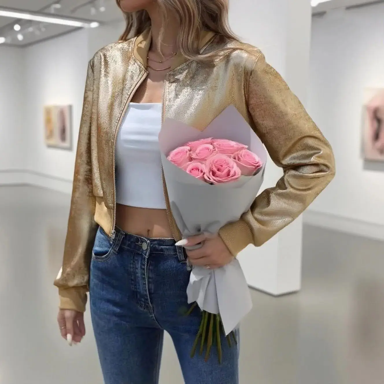 

Женская университетская бейсбольная куртка цвета металлик, укороченное пальто на молнии с длинными рукавами, повседневная осенне-зимняя верхняя одежда