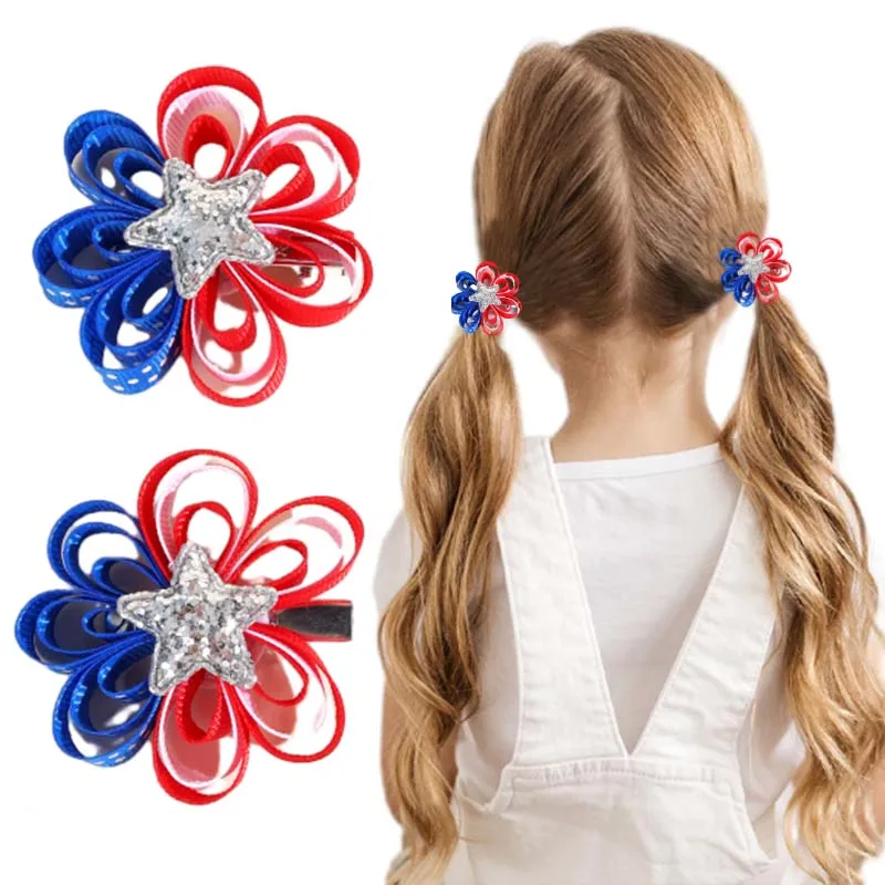 

nmama 2Pc New Silver Star Ribbon Flower Hair Clips for Kids Girls Cute Handmade Flowers Hairpin Baby Barrettes Hair Accessories