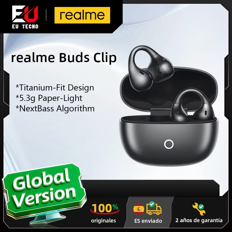 Version mondiale Écouteurs realme Buds Clip Conception Titanium-Fit 5,3 g Légers comme du papier Algorithme NextBass Traducteur Al Son puissant