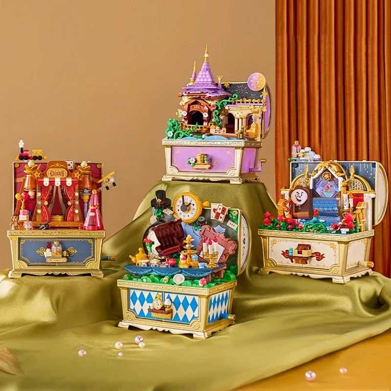 

Treasure Music Box Building Blocks Chest Fairy Tale Scene Model Bricks Set With Mini Figure Dolls Chlidren DIY Toys Girl Gifts