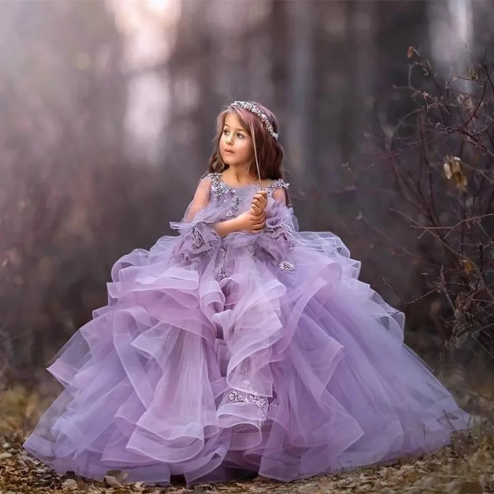 

Customized Purple Flower Girl Dress For Wedding Glitter Tiered Tulle Long Sleeve Floor Length Kids Birthday First Communion Gown