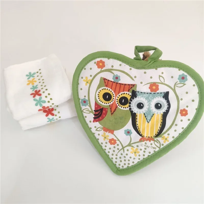 

41x64cm Cartoon Owl Printed Cotton Kitchen Dishcloth Tea Clean Towel + Heart Shape Table Mat