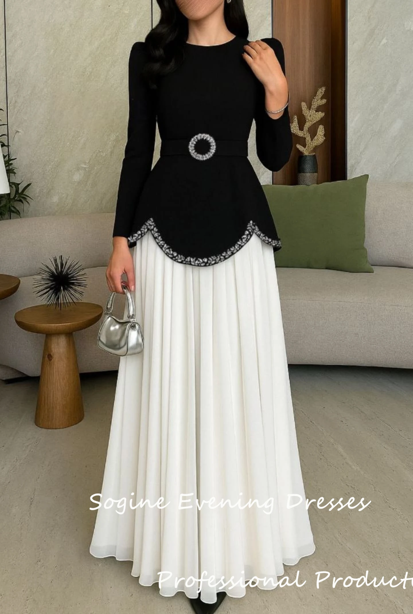 Robes de bal formelles en crêpe et mousseline de soie pour femmes élégantes robes de soirée noires-blanches ornées de cristaux robes de soirée