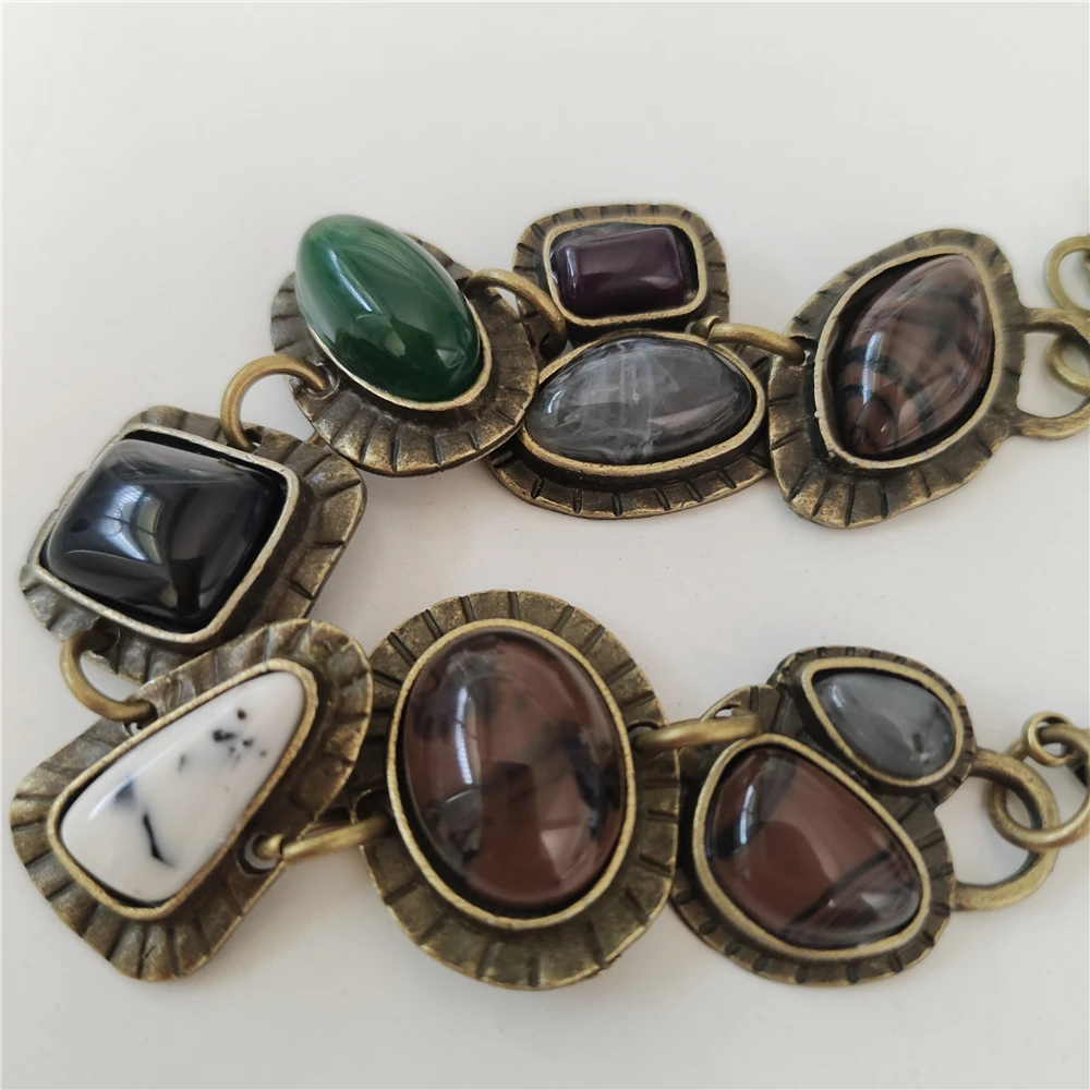 2025 جديد الهندي العرقية خمر سلاسل معدنية ربط أساور النساء بوهو الرجعية بيان الراتنج الأحجار أساور مجوهرات