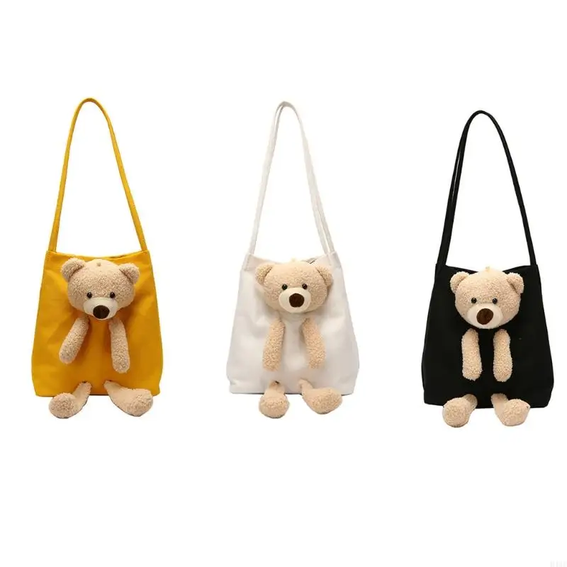 

D46C Canvas Shoulder Bag Cartoon Bear Handbag Trendy Wallet Sling Bag for Kids Girls Change Bag Adult Women Girlfriend Gift