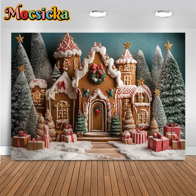 Tło fotograficzne Mocsicka Świąteczny Domek Choinka Śnieg Dekoracje Dzieci Rodzina Impreza Świąteczna Tło do Zdjęć Studio Baner