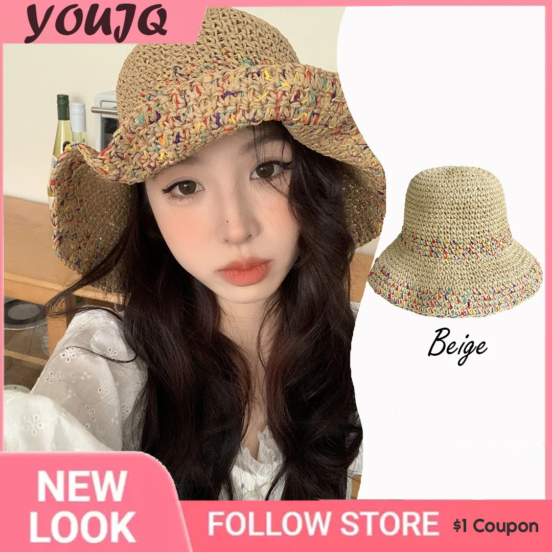 

INS Summer Beach Straw Hat Large Brim Sunshade Caps Lace Foldable Bucket Hats for Women Fashion Panama Sombreros De Mujer