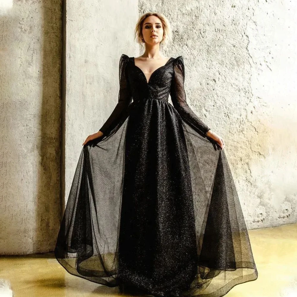 Stunning Black Long Sleeves V-neck Princess A Line Evening Dresses Custom Made Formal Party Grown 2024 Rode De Morrie