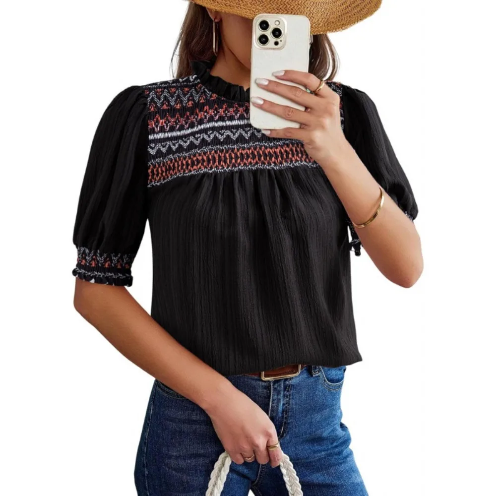 Women Round Neck Embroidered Puff Short Sleeve Blouse Bohemian Casual Top Soft Breathable Flowy Flattering Daily Vacation