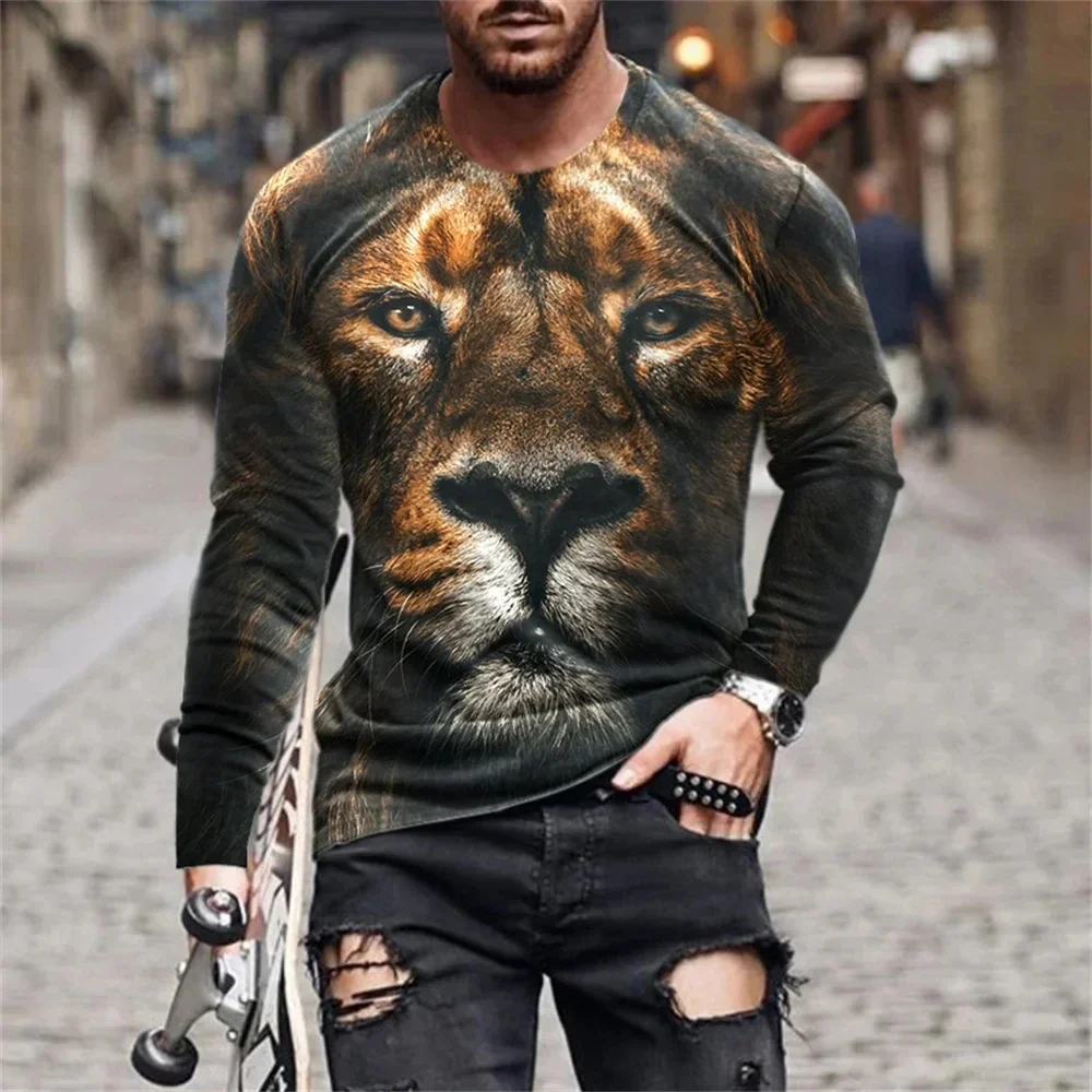 Men Polyester 3D Print Lion Wolf Crown Beast Portrait Graphic Long Sleeve T-shirt Crew Neck Cool Animal Casual Tops