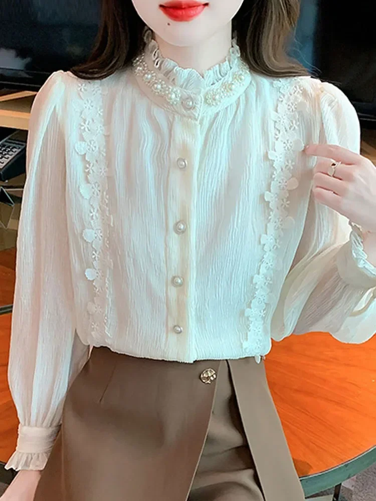 New Long Sleeve Apricot Chiffon Blouse Shirt Women Tops Shirts Blusas Mujer De Moda 2024 Beading Stand Collar Blouse Women H259