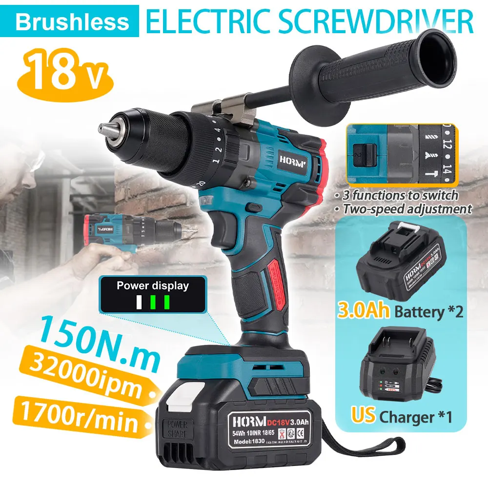 

150N.m Brushless electric screwdriver 1/2 inch for Makita 18V Battery 3-function dual-speed Screwdriver Power Tools