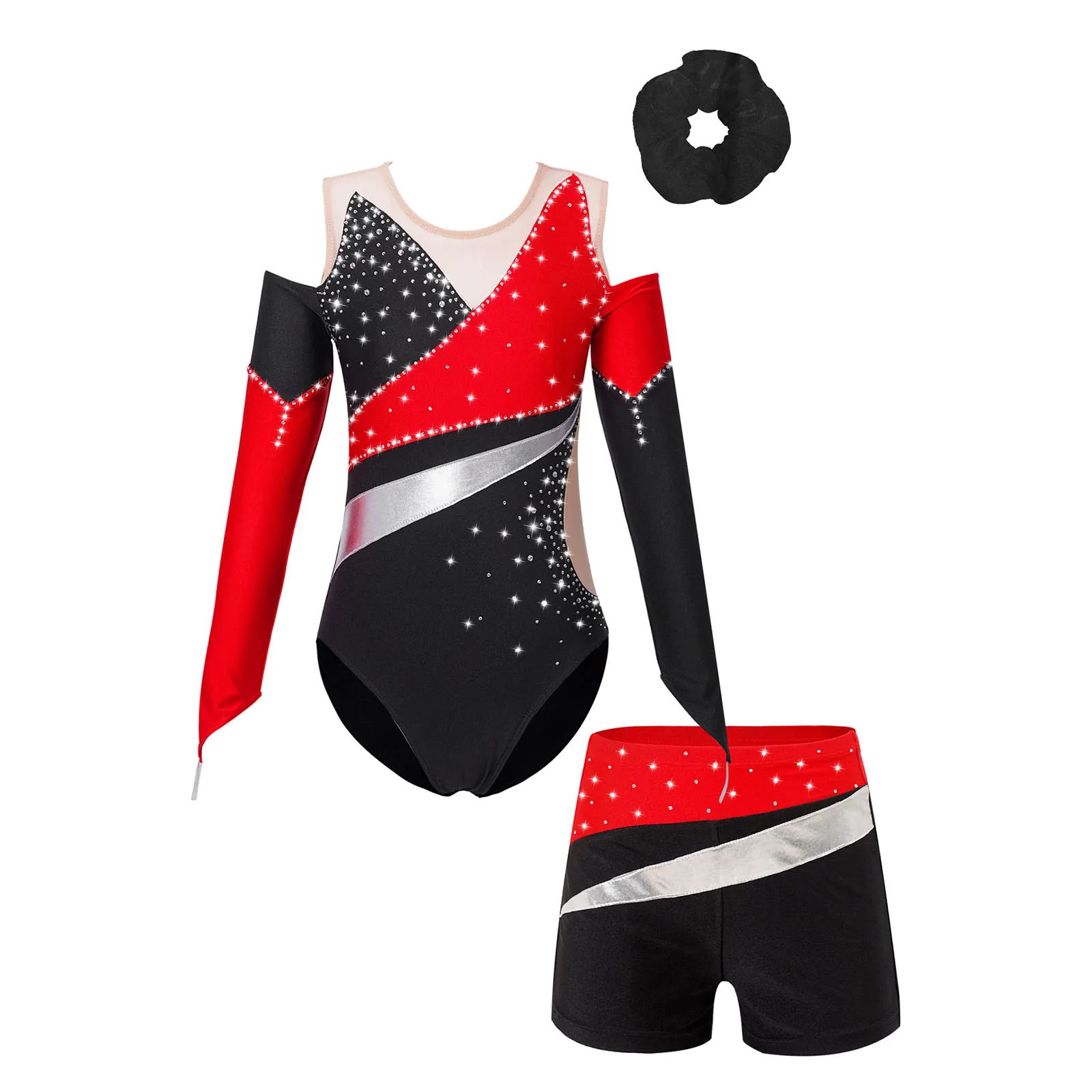 

3PCS Kids Girl Gymnastics Dance Set Long Sleeve Off-The-Shoulder Rhinestones Decorated Leotard with Shorts And Hair Tie Headband