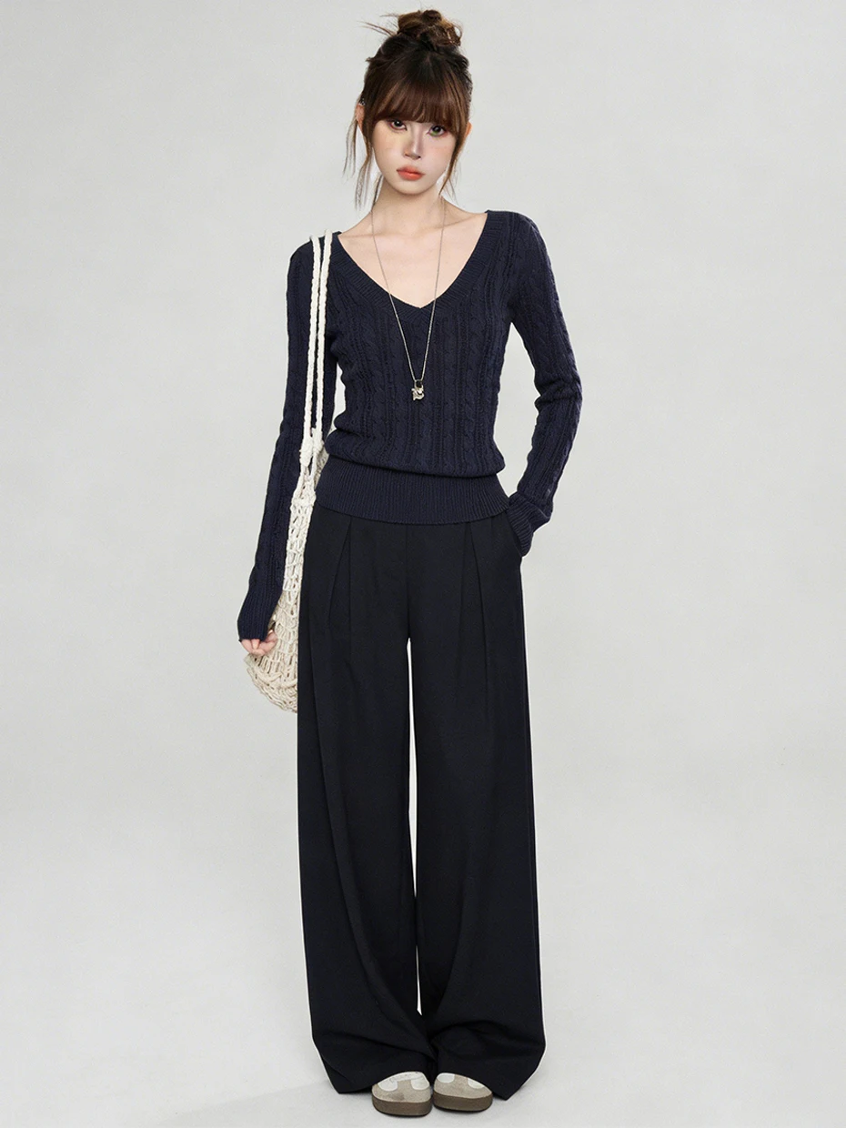 Ladies' V-Neck Hollow out Long Sleeve Knitted Top in Lazy Style Base Color for Daily Wear Comfortable Polyester Fiber