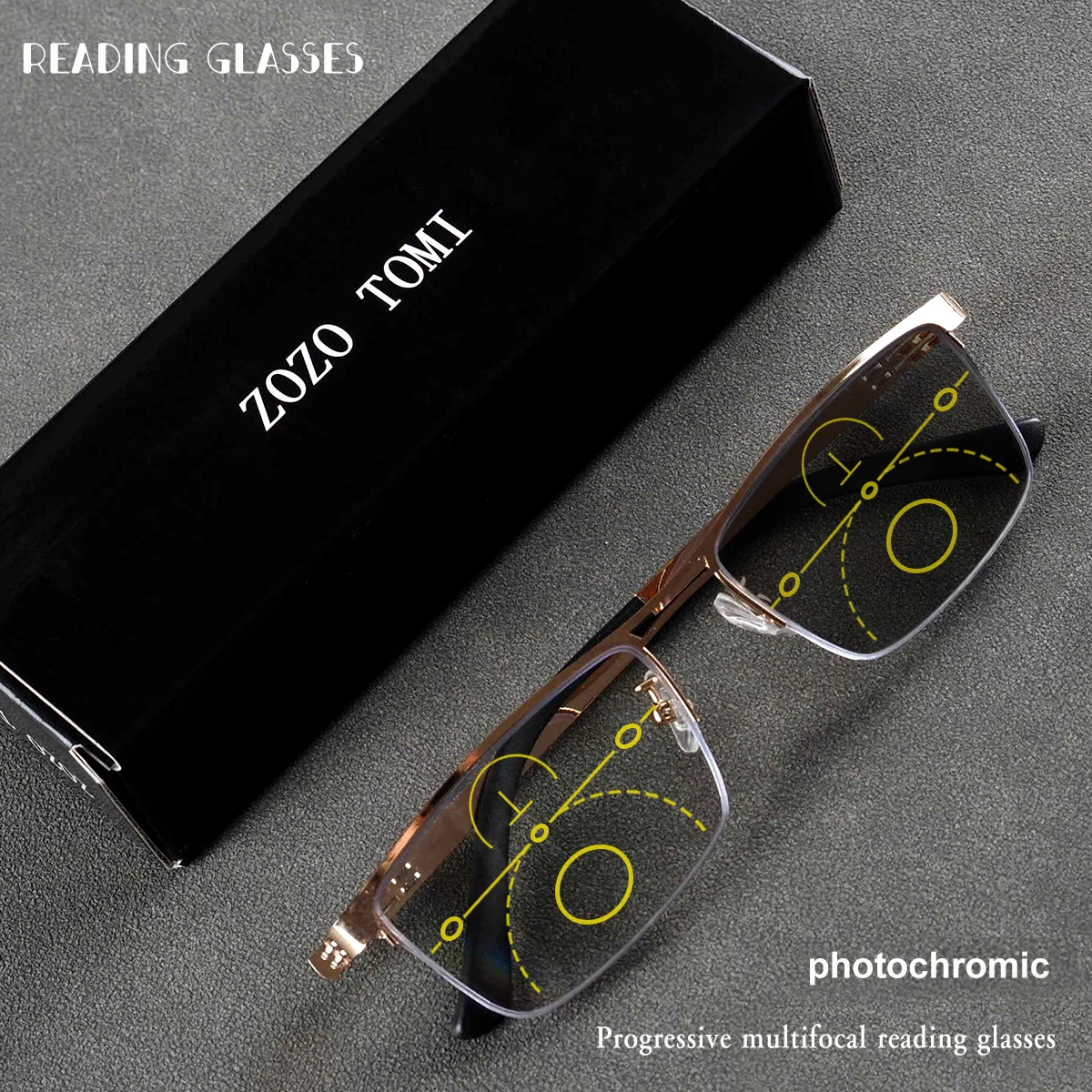Photochromic, Progressive Multifocal Reading Glasses, Metal Half-Rim, Spring Hinge, Comfortable to Wear, Unisex.