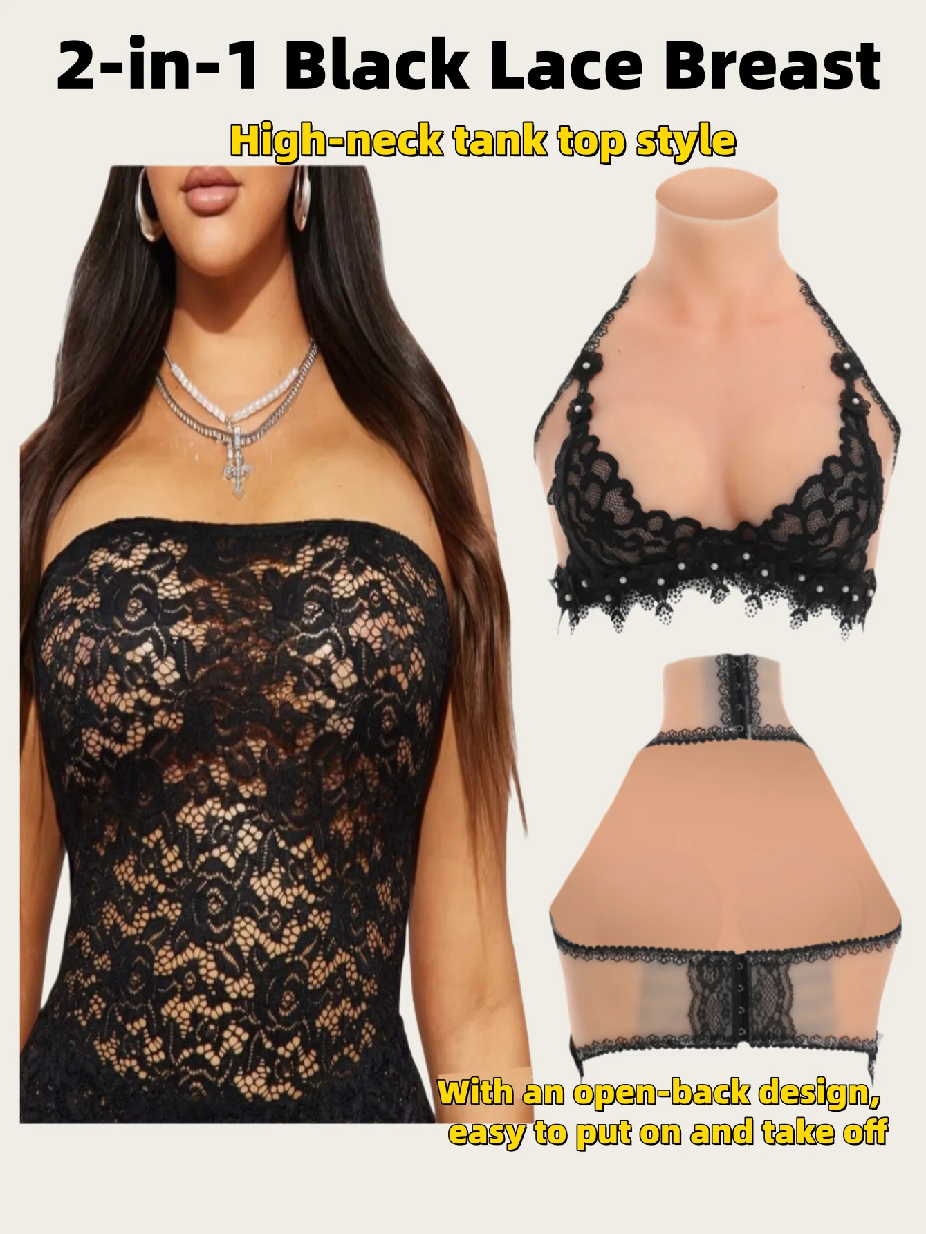 

2-in-1Black Lace Silicone Breast Forms Breastplate for Sissy Fake Boobs Transgender Crossdressing Cosplay Fake Chest Tits