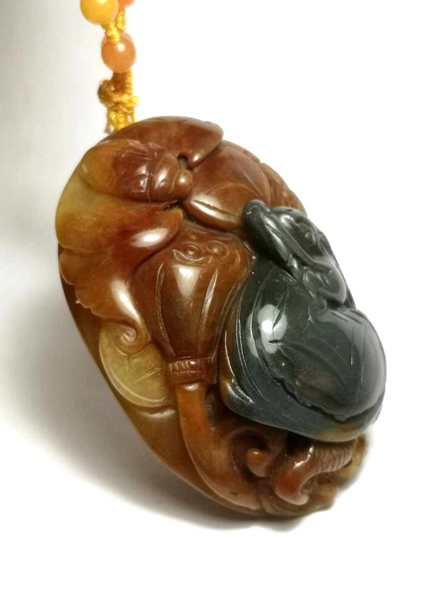 YIZHU CULTUER ART 100% Natural Hand-carved Chinese Jade Necklace Pendant Lotus Dragon Turtle Wonderful Gift