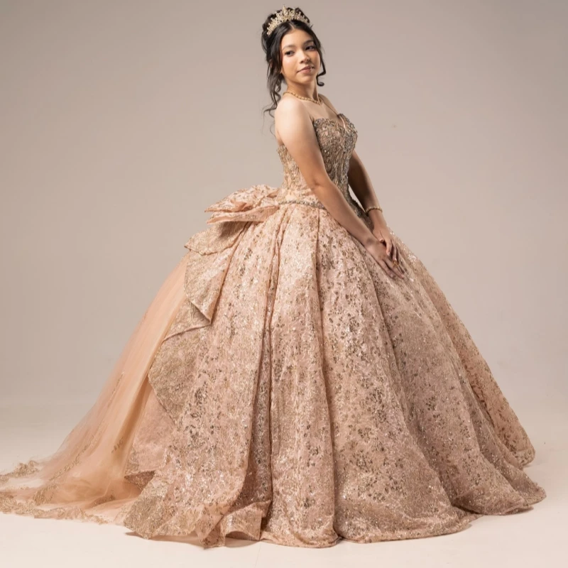 

Rose Gold Shiny Ball Gown Quinceanera Dresses Sequin Applique Lace Beading Crystal Bow Tull Corset Off The Shoulder Sweet 16
