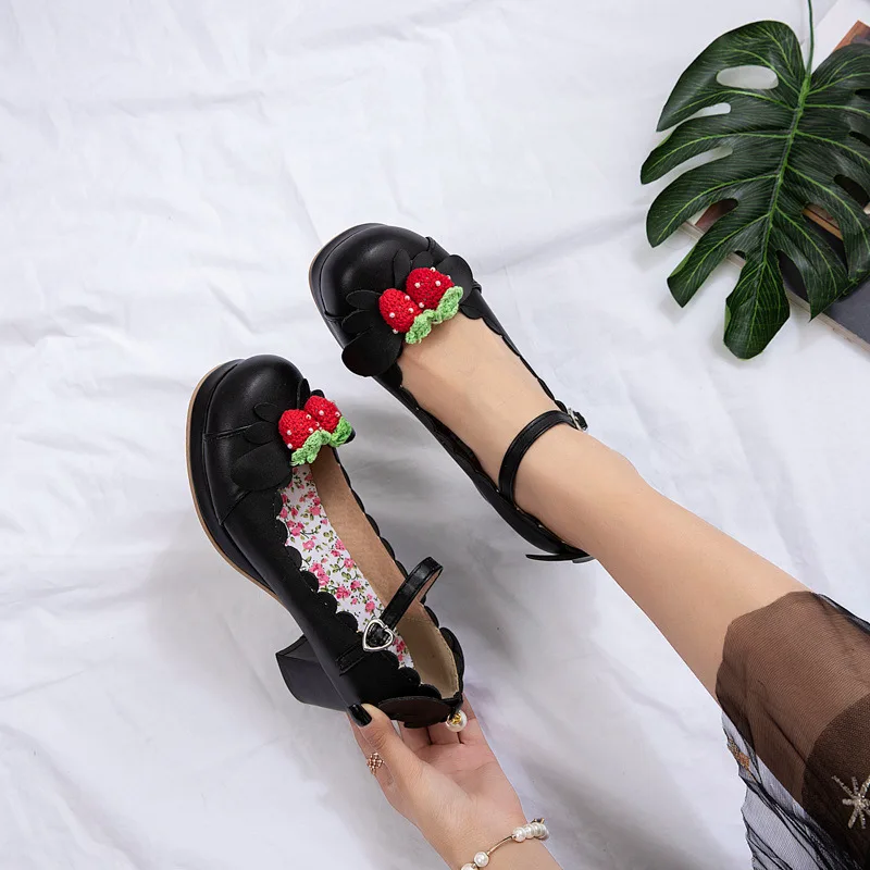 Women Platform Pumps Girls Mary Jane Lolita Shoes Strawberry Bow High Heels Princess Japan Cosplay Wedding Party Shoes 30-43