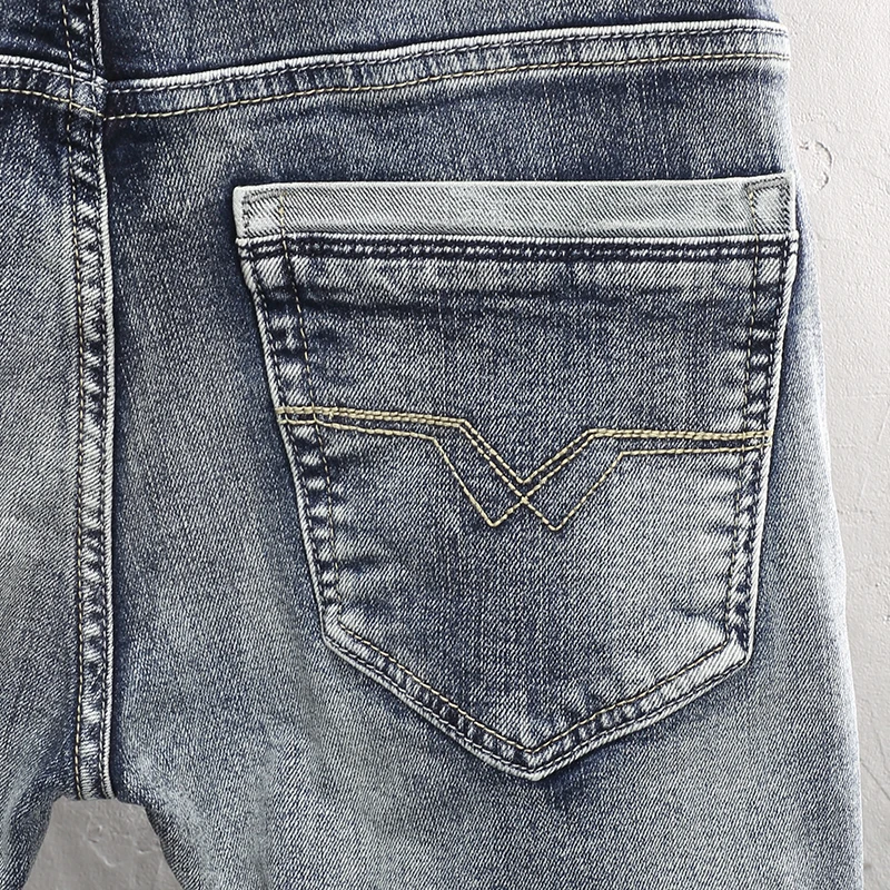 Italian Style Fashion Men Jeans Retro Washed Blue Elastic Slim Fit Ripped Jeans Men High Quality Vintage Designer Denim Pants