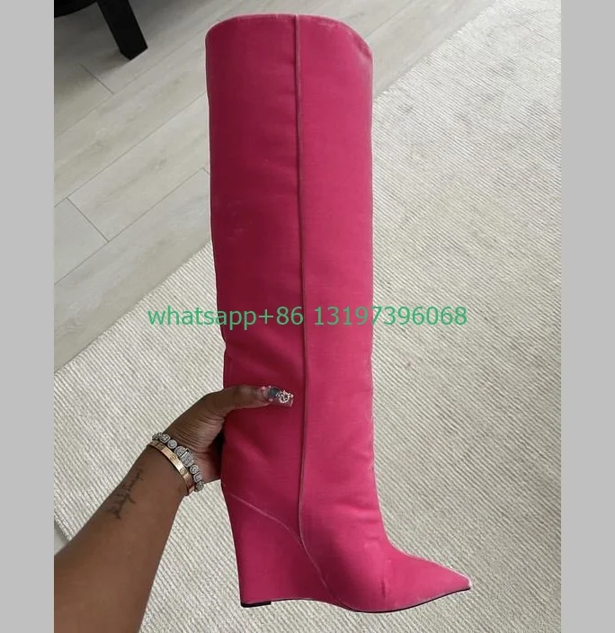 

Lady pink suede design wedges heel knee boots pointedtoe sexy causal daily dress dance boots elegant pink Mary Janes boots size