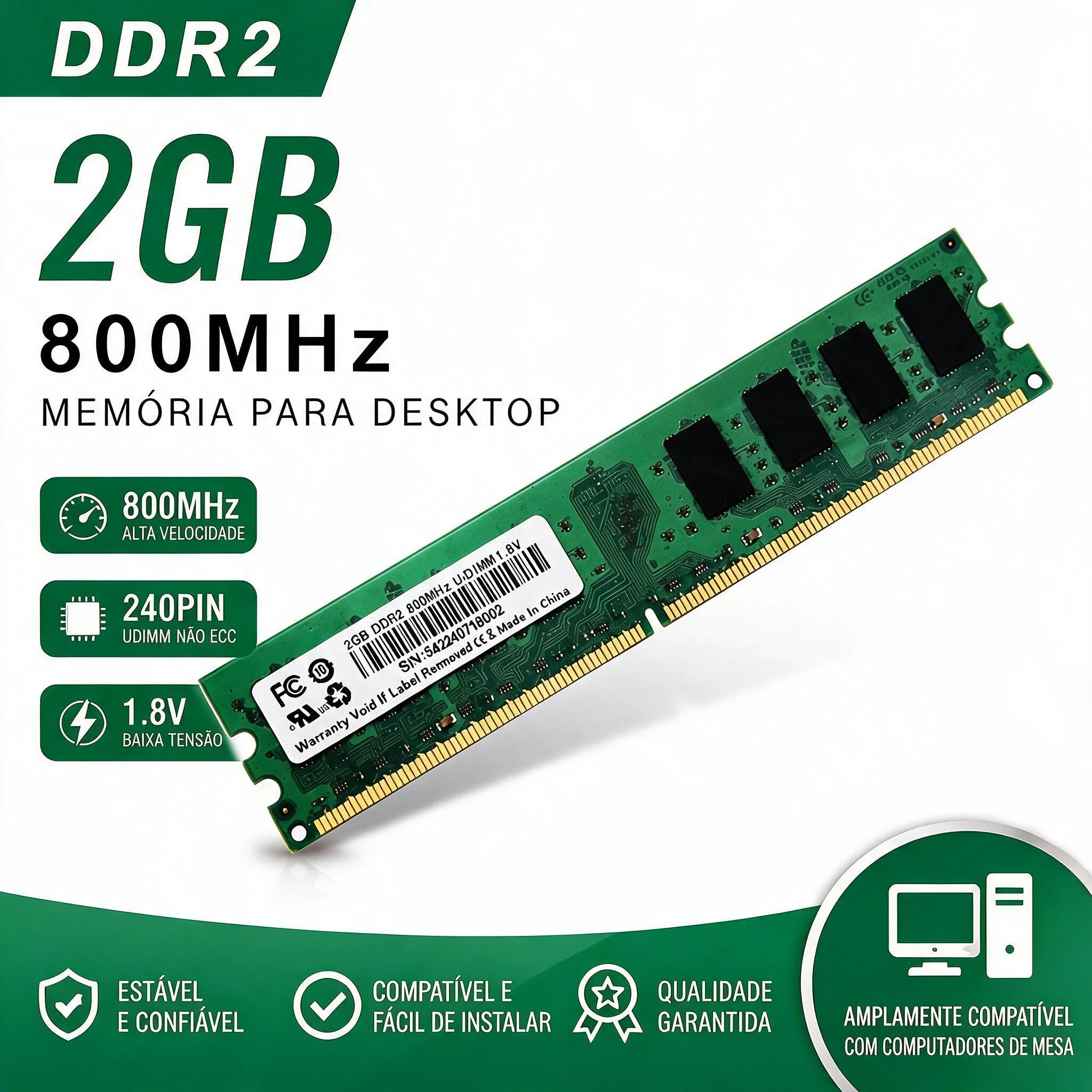 DDR2 RAM 2GB 800MHz PC2-6400 Desktop Memory DIMM 240Pin 1.8V Computer RAM Upgrade for Intel AMD PC