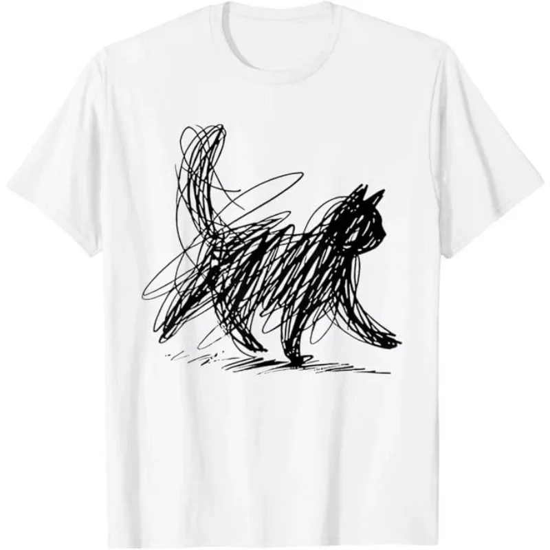 Trendy Streetwear Minimalist Cat Art T Shirt Women's Men Tee Casual Summer Oversized Humor Short Sleeve Cats Lovers Gifts