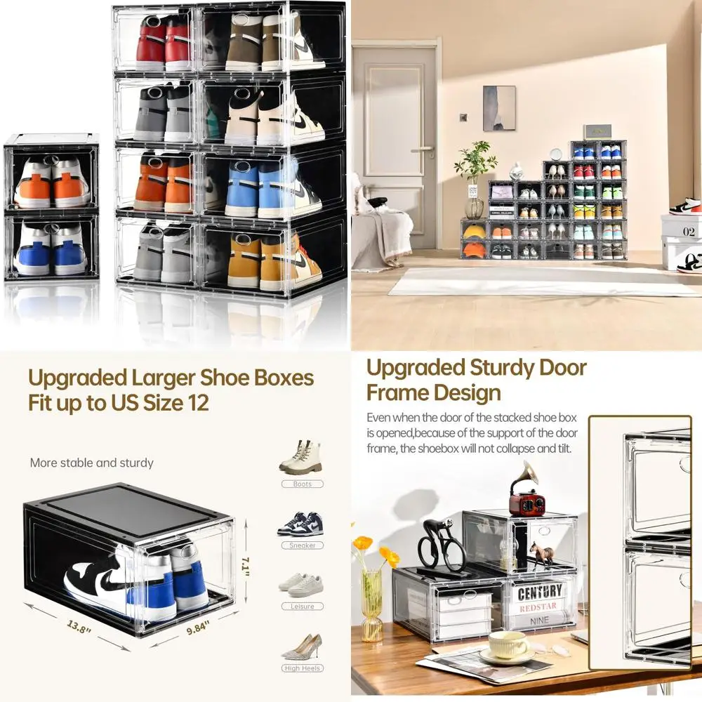 

Stackable Shoe Organizer Boxes with Clear Doors, Durable Storage for US Size 12, 13.8x9.84x7.1