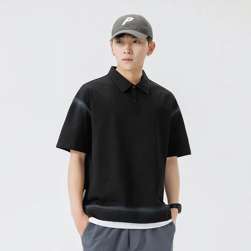 TFETTERS Brand Men's 2026 Summer New Fake Two-Piece Collar Tie-Dye Polo Shirt Streetwear Cotton Short Sleeve Trendy T-Shirt