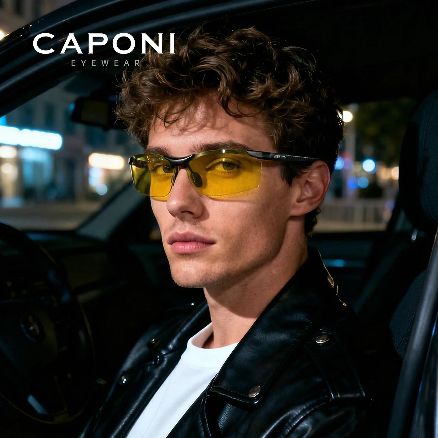 CAPONI Night Vision Men Sunglasses Carbon Firber Driving Sports Photochromic UV400 HD Sun Glasses Protect Yellow Shades BSYS8780