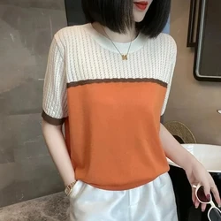 Summer 2024 New Fashion Hollow Jacquard Color Matching Short-Sleeved Pullover Sweater Women Casual Slim Knitwear Jumper Female