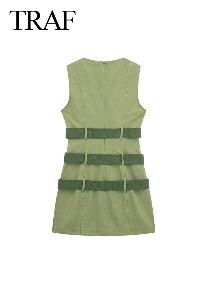 TRAF 2024 Women\'s Fashion Street Dress Sleeveless Round Neck Army Green Belt Decoration Slim Cargo Sundress Vintage Trendy Dress