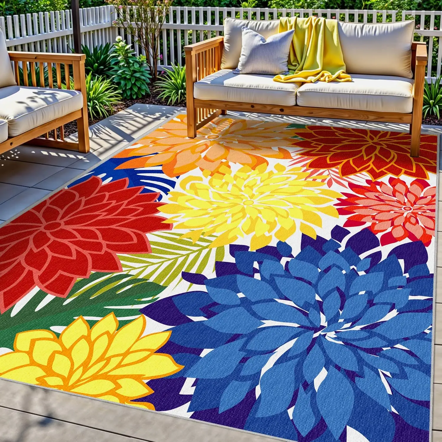 

Outdoor Area Rug Washable Multicolored Patio Rug Tropical Botanical Modern Floral Outdoor Carpet Non-Slip for Patio, Deck, Ba