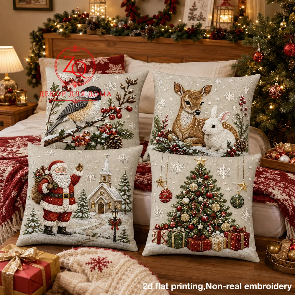 Christmas Pillow Covers  Peach Skin  Winter Farmhouse Bedroom Decor Cute Santa Claus Deer Bird  Tree Throw Pillow Cases