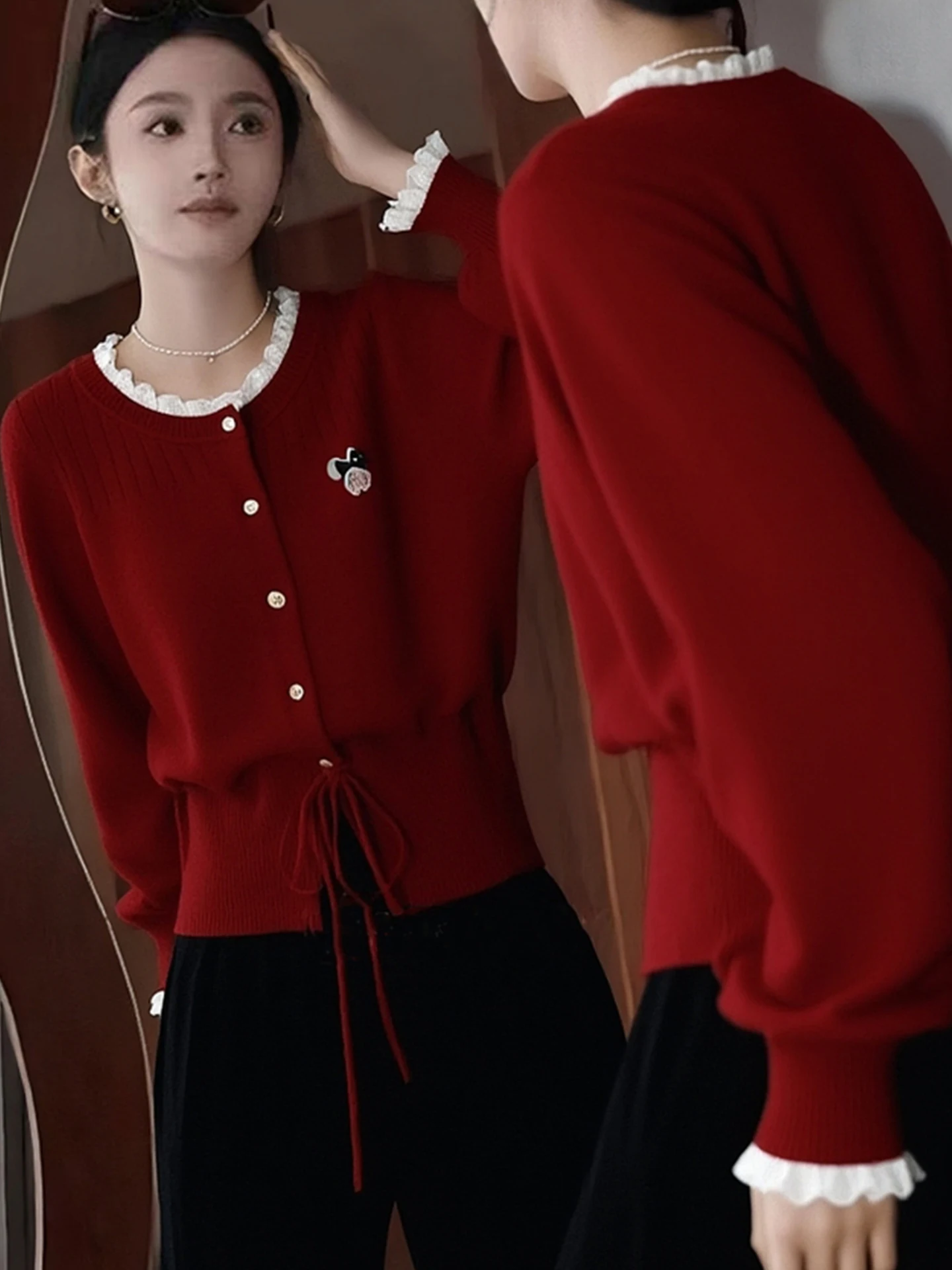 Koreanischer Sle Red Lace Trim Camere Knitwear Long Sve Waist Cinched Top Faionable Winter Faion Damenpullover