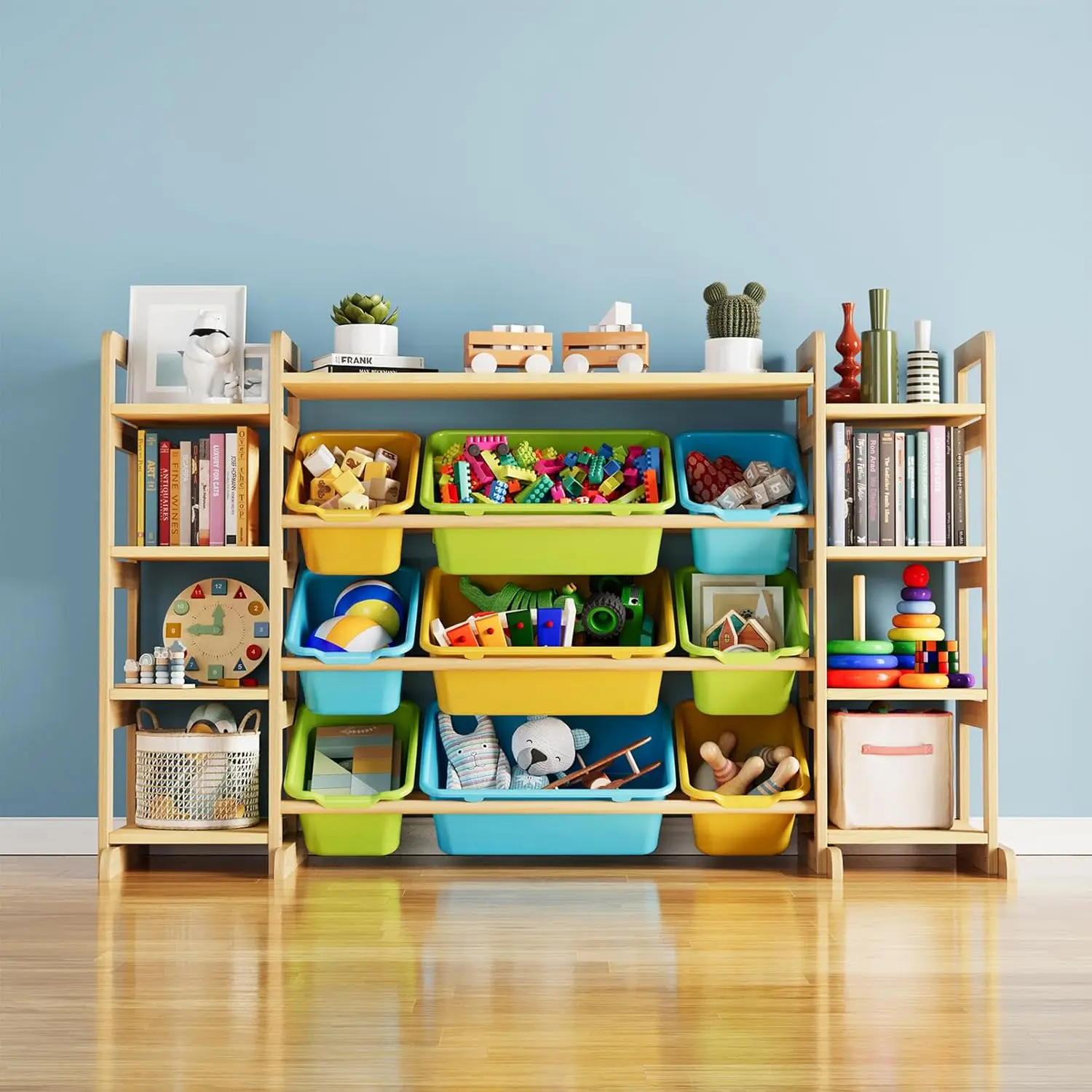 

Large Toy Storage Organizer with 9 Bins and Shelves, Kids Bookshelf for Bedroom Playroom, Multi-Colored, Easy Assembly