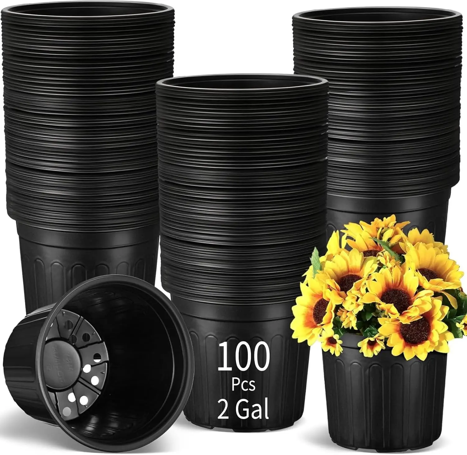 Pack of 100 Thickened Flexible Plastic Plant Nursery Pots, 2 Gallon, with Drainage Holes, Ideal Seed Starting Containers for Flowers, Succulents, Cuttings, and Transplanting