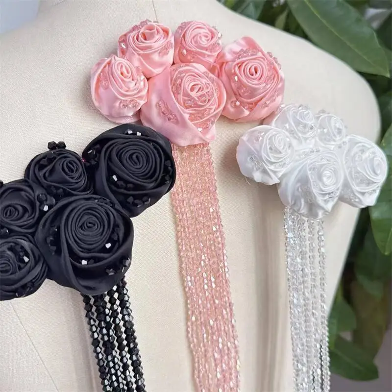 Handmade Bead Applique Organza Crystal 3D Rose Flowers, Flash Crystal Tassel Chest Flower Shoulder Patch High Quality