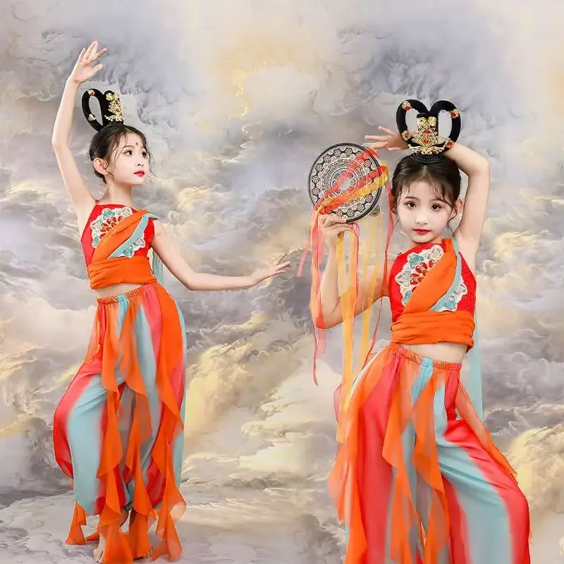 Ancient Chinese Dunhuang Dance Costume Hanfu Women Traditional Clothing + Scarf + Headwear + Tambourine Ribbon Dance Outfit