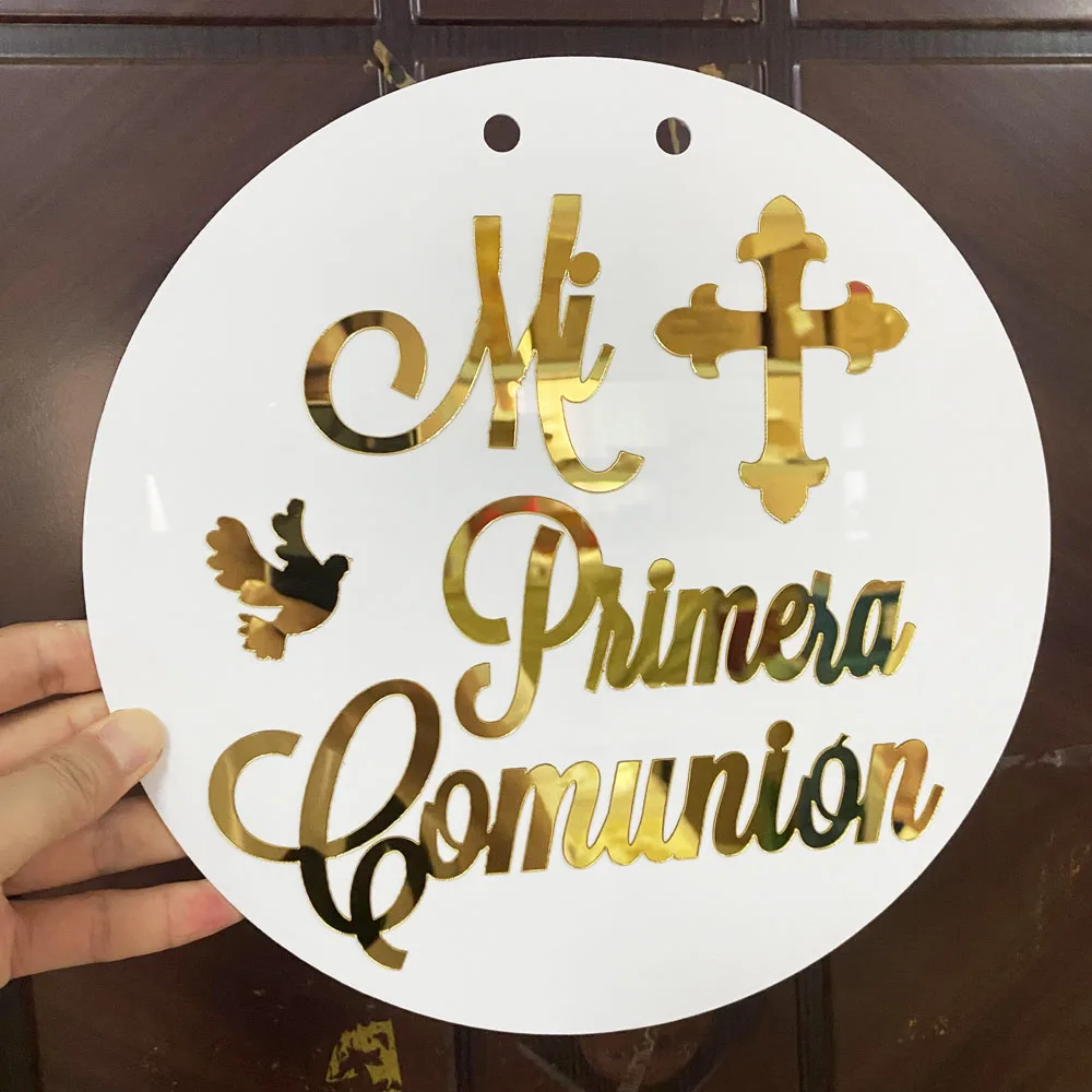 Mi Primera Comunión Espagnol Rond 3D Acrylique Signe Personnalisé, Nom Brodé, Confrontement de Sainte Communion, Décoration Murale