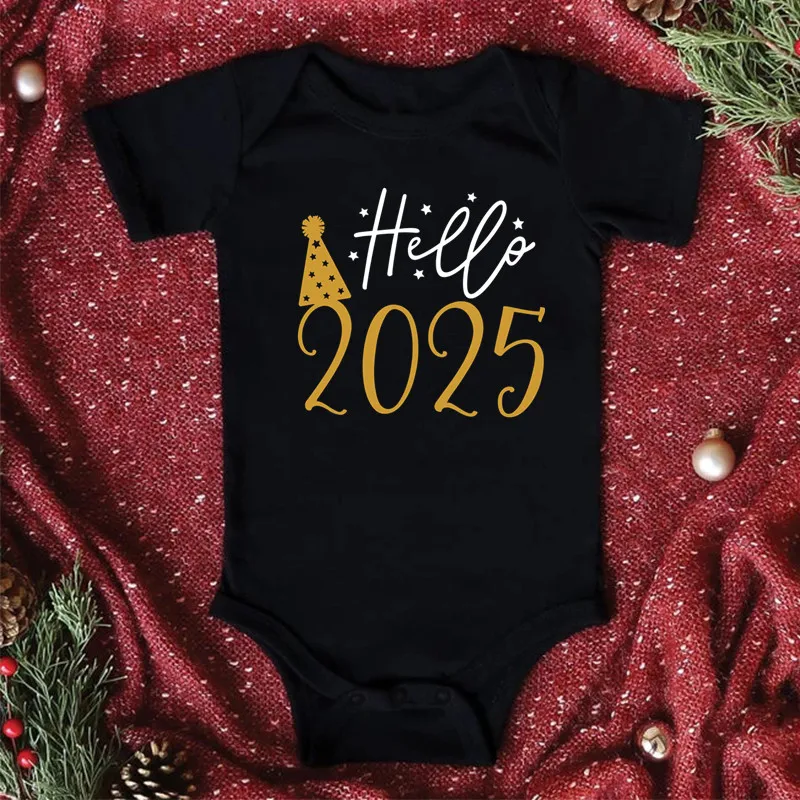 Hello 2025 Newborn Baby Bodysuit Cotton Short Sleeve Infant Rompers Body Baby Boys Girls New Year Ropa Clothes Christmas Gift