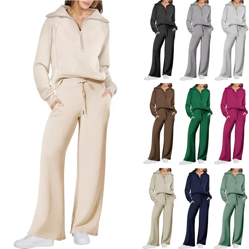 2026 Autumn/Winter Casual Wide-leg pants two-Set Long Sleeve Sweatshirt Bell Bottoms Sports Suit Zippered Tracksuit Amazon Style