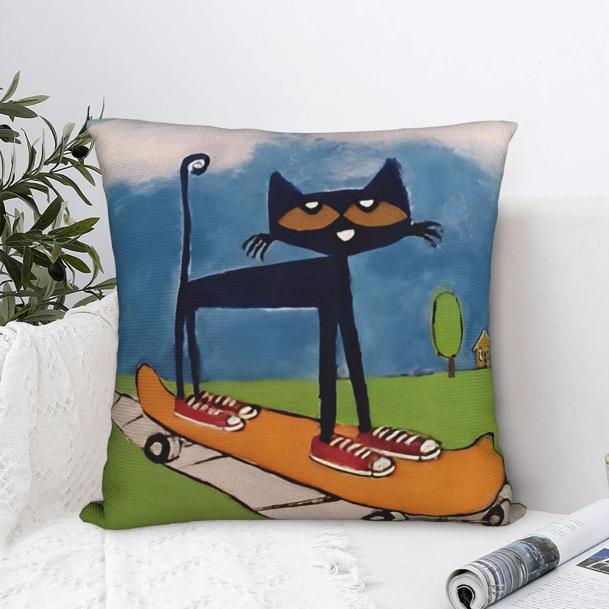 Funda de almohada cuadrada con diseño de Petes the Cat, fundas de cojín con diseño de gato patinador, funda de almohada decorativa con cremallera personalizada para coche