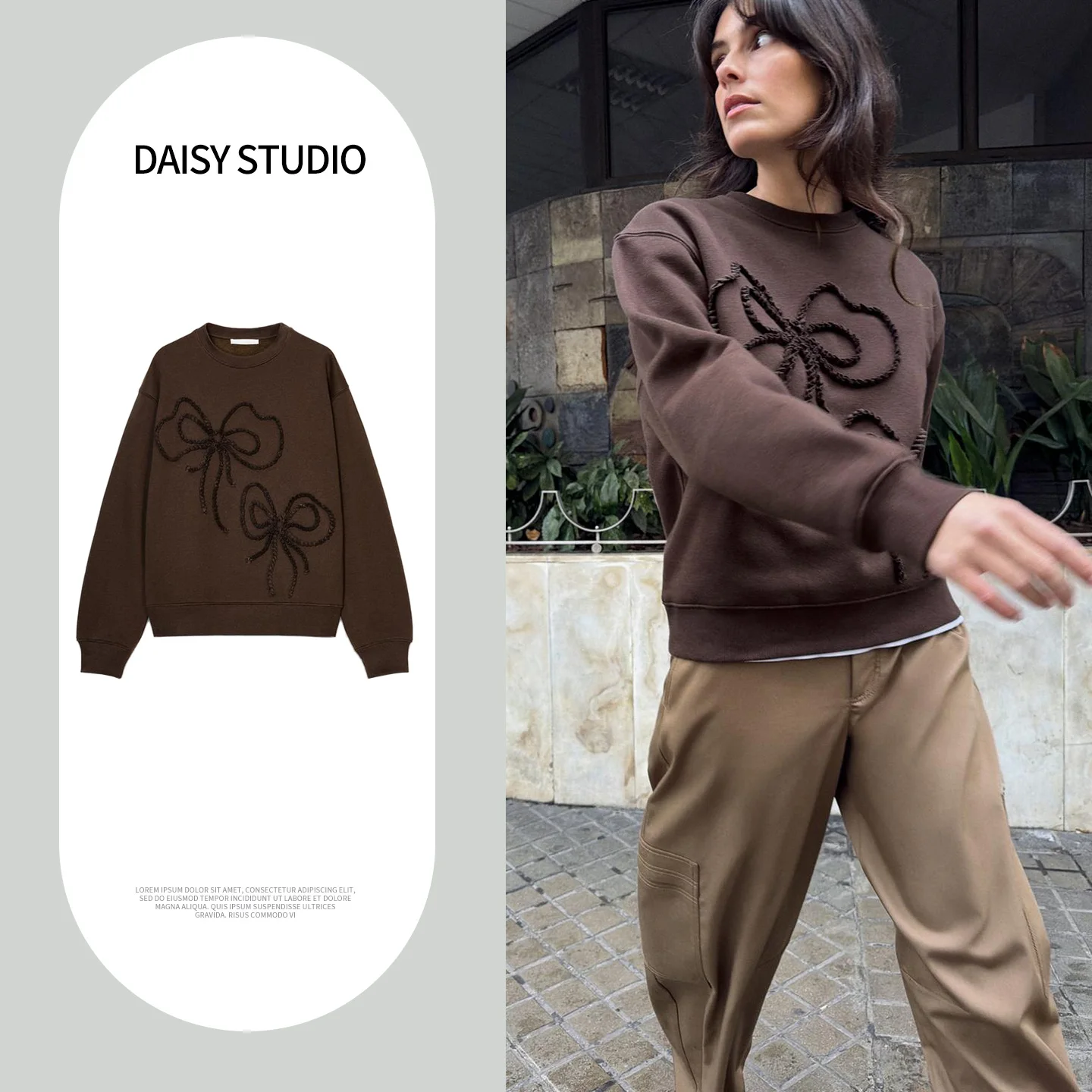 

Spring New Arrival Women's Commute Sle Long Sve round Ne Sweatirt with Knot Decorations Loose Fit Polyester