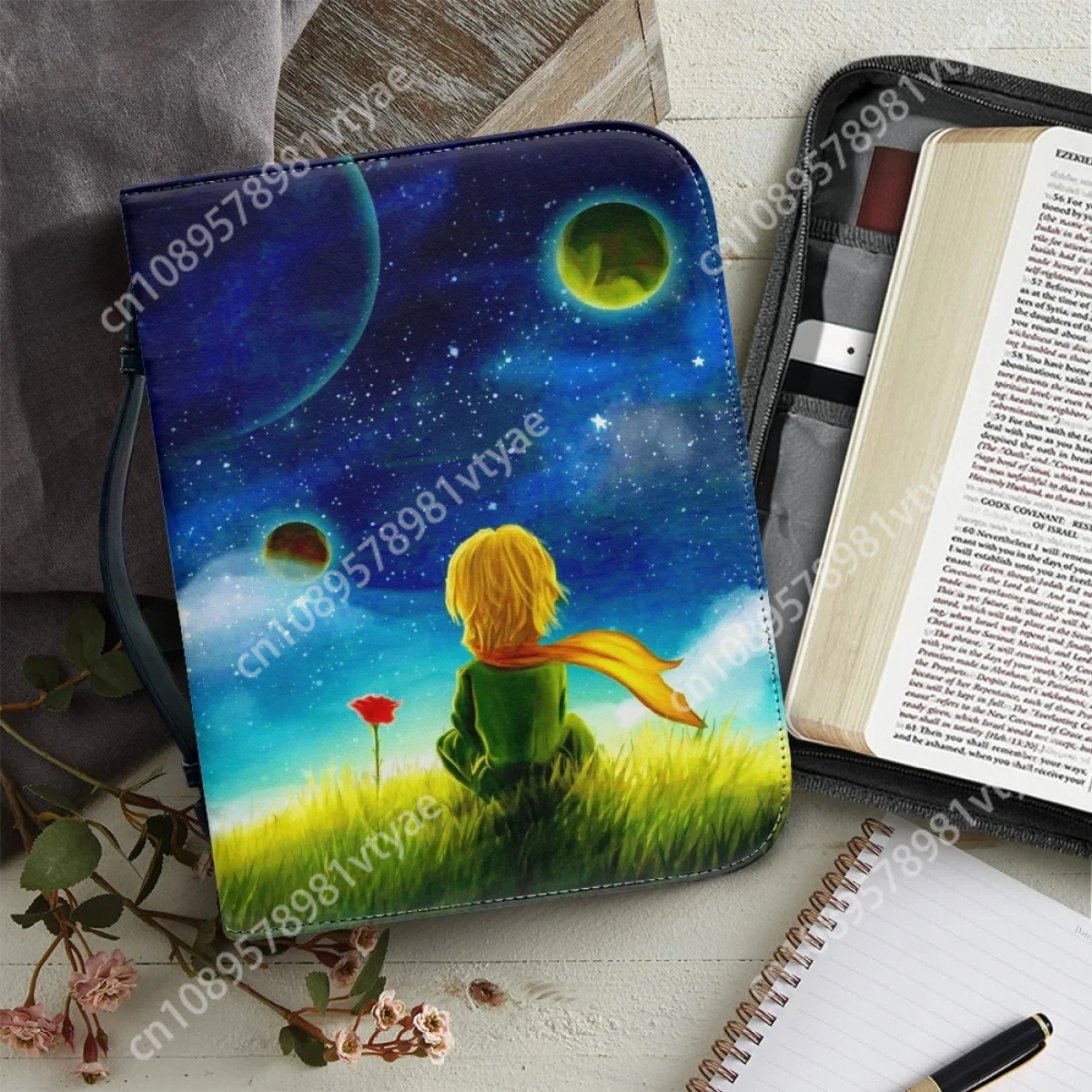 

Little Prince Movie Handle Handbags for Girls Boys PU Leather Zippered Bible Cover Case Women's Study Book Holy Storage Boxes